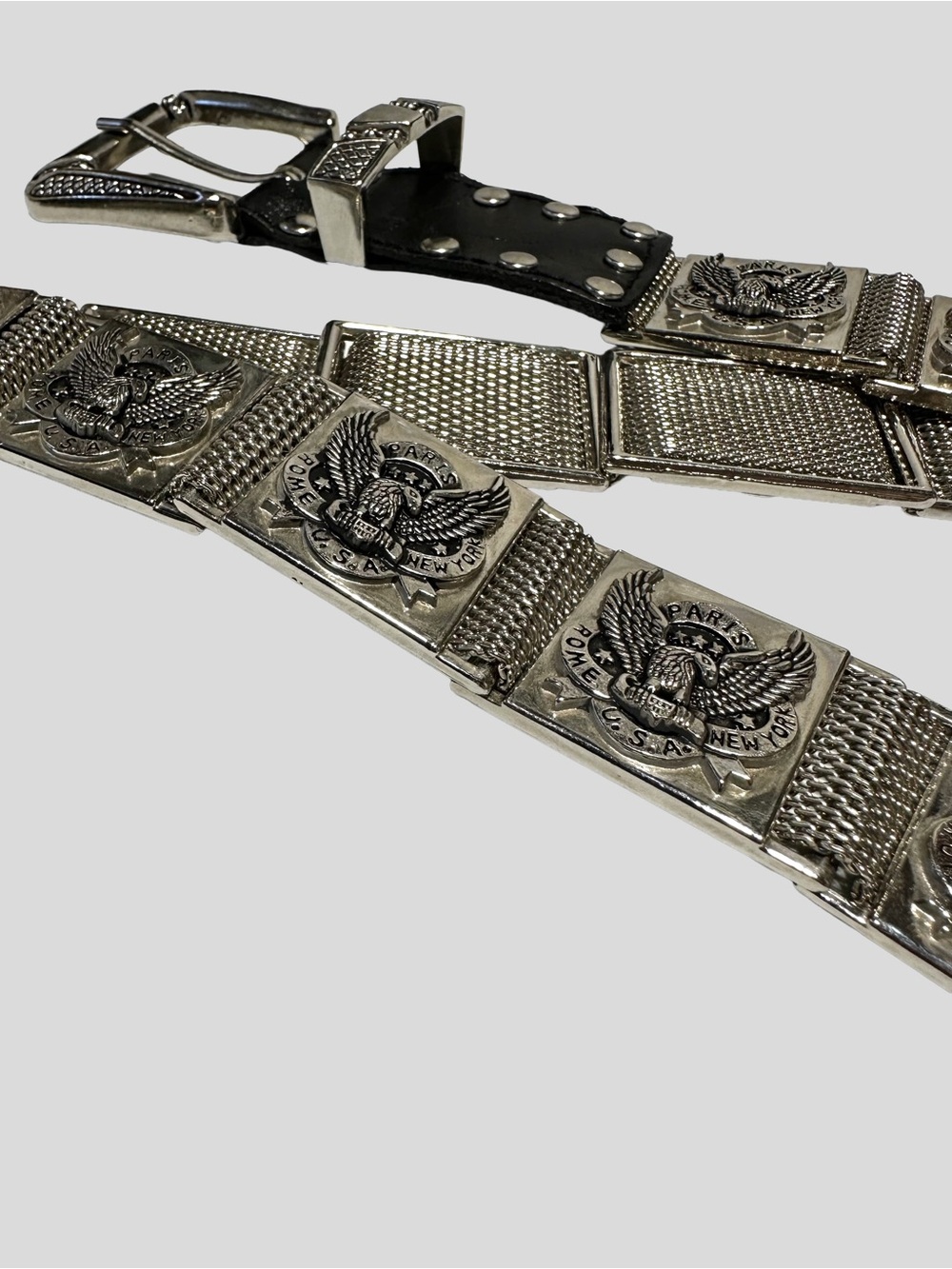 Biker Moto Eagle Metal Mesh Belt Black Leather Studded Rocker Grunge 34